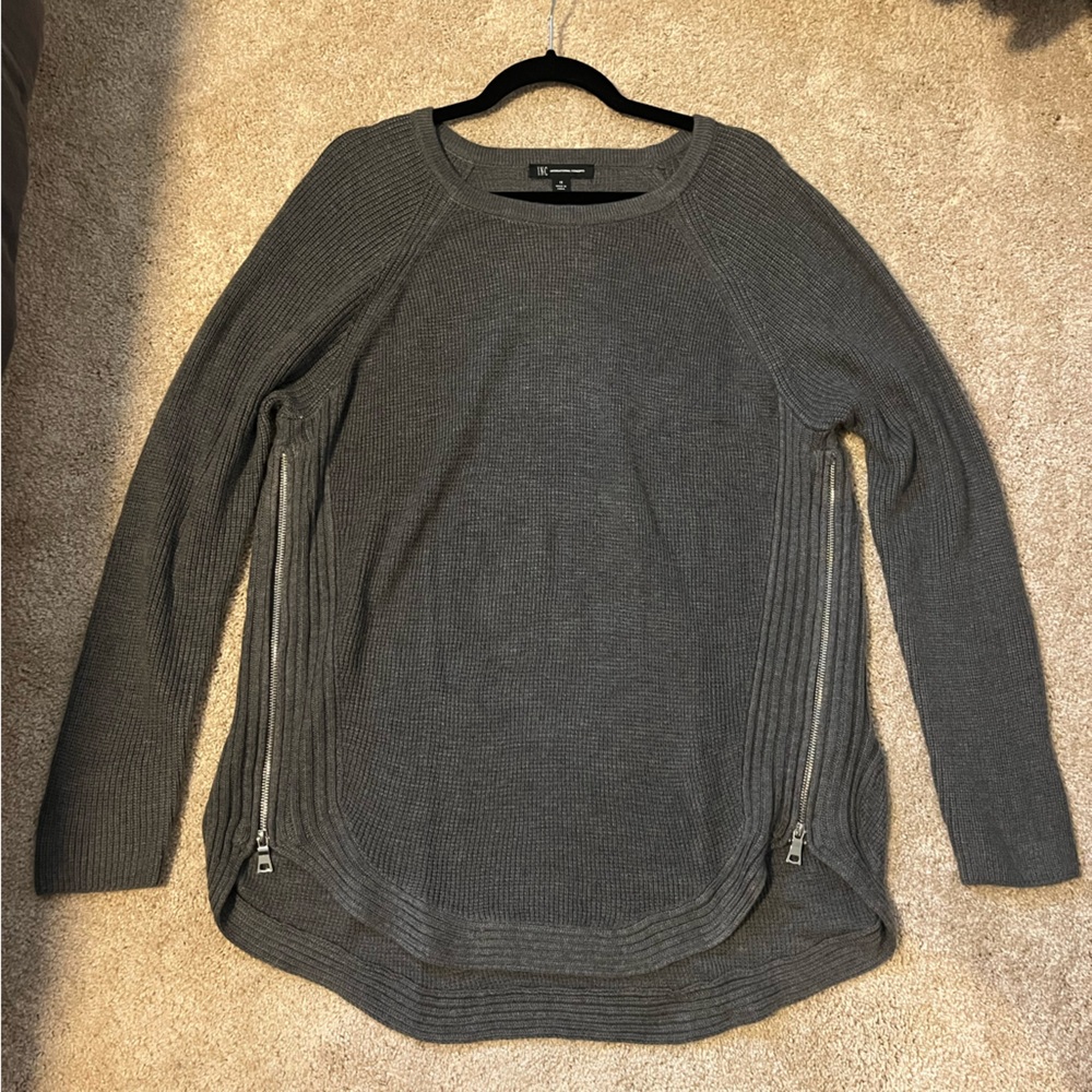 INC International Concepts Gray Long Sleeve Sweater with Zipper Accents